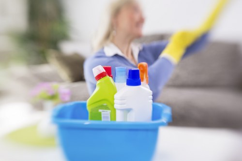 Local carpet cleaning team sorting recyclable packaging and waste